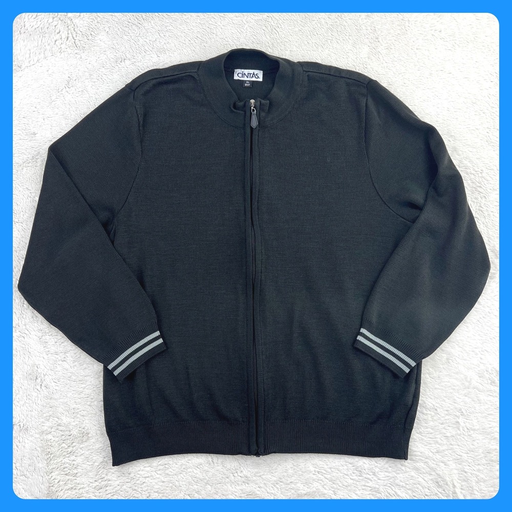 Cintas Full Zip Cardigan Sweater Men's XL Black 175814 Striped Cuff Workwear‎